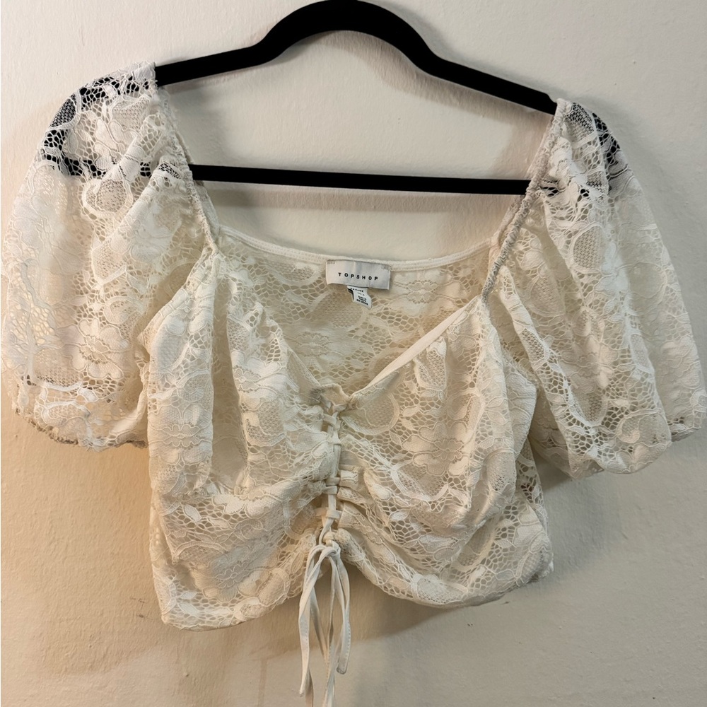 Topshop Cream Lace Puff Sleeve Tie Front  Crop Top